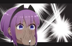 Rule 34 | 1girl, blush, covered mouth, dark-skinned female, dark skin, fate/prototype, fate/prototype: fragments of blue and silver, fate (series), hair between eyes, hands up, hassan of serenity (fate), head, highres, i.u.y, letterboxed, purple eyes, purple hair, solo, sweat