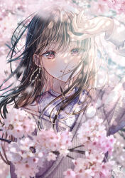 Rule 34 | 1girl, absurdres, blurry, blurry foreground, blush, brown hair, cherry blossoms, day, earrings, floral print, hair over shoulder, hand up, highres, jewelry, long hair, long sleeves, looking away, off-shoulder sweater, off shoulder, original, outdoors, pink eyes, print shirt, purple shirt, sakura (39ra), shirt, sidelocks, smile, solo, spring (season), sunlight, sweater, teeth, tree, undershirt, upper body