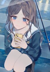 Rule 34 | 1girl, bang dream!, bang dream! it&#039;s mygo!!!!!, black shirt, blue eyes, brown hair, cellphone, closed mouth, commentary request, dated, english text, happy birthday, highres, holding, holding phone, long hair, looking at viewer, me a (r party428), nagasaki soyo, outdoors, phone, rain, sailor collar, school uniform, shirt, smartphone, solo, squatting, tears, transparent, transparent umbrella, tsukinomori school uniform, umbrella, white sailor collar