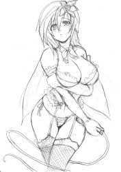 Rule 34 | 1990s (style), 1girl, bra, breasts, cleavage, final fantasy, final fantasy iv, greyscale, hip focus, large breasts, lingerie, monochrome, nipple slip, nipples, panties, retro artstyle, rydia (ff4), side-tie panties, simple background, sketch, solo, thighhighs, underwear, whip, yasakani an