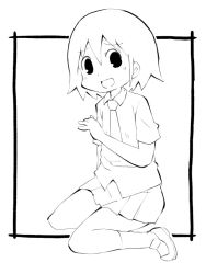 Rule 34 | 1girl, collared shirt, commentary request, framed, full body, greyscale, hand up, kill me baby, monochrome, necktie, open mouth, oribe yasuna, outside border, pleated skirt, school uniform, shirt, short hair, simple background, sitting, skirt, solo, wariza, white background, zubatto (makoto)