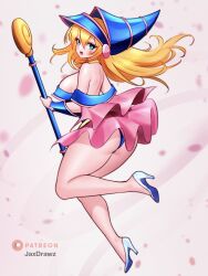 Rule 34 | 1girl, aqua eyes, artist name, ass, bare shoulders, blonde hair, blue dress, blue footwear, blue hat, blue leotard, blurry, blurry background, blush stickers, commentary, dark magician girl, dress, duel monster, english commentary, from side, full body, glass slipper, hair between eyes, hat, high heels, highres, holding, holding staff, jaxdrawz, legs, leotard, leotard under clothes, long hair, looking at viewer, magical girl, off-shoulder dress, off shoulder, open mouth, patreon logo, pink background, pink dress, solo, staff, standing, standing on one leg, thighs, two-tone dress, wide hips, wizard hat, yu-gi-oh!