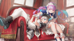 Rule 34 | 2girls, anchor symbol, apron, bad id, bad pixiv id, black footwear, black skirt, blue dress, blue eyes, blue footwear, blue hair, blush, boots, breasts, candy, chocolate, chocolate heart, commentary request, couch, curtains, dress, feeding, food, frilled apron, frills, gloves, grin, half-closed eyes, hands up, heart, heterochromia, highres, holding, holding food, hololive, indoors, kagura gumi, kagura mea, long hair, lying, medium breasts, minato aqua, minato aqua (1st costume), multicolored hair, multiple girls, on back, on couch, pantyhose, pink eyes, pink hair, puffy short sleeves, puffy sleeves, saraki, shirt, shoe soles, shoes, short sleeves, silver hair, sitting, skirt, smile, twintails, two-tone hair, virtual youtuber, waist apron, white apron, white gloves, white legwear, white shirt, window, yellow eyes