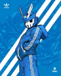 Rule 34 | 1boy, adidas, artist name, blue jacket, blue pants, clothed robot, hands in pockets, highres, hood, hooded jacket, jacket, logo, looking at viewer, male focus, official art, original, pants, quiccs, robot, science fiction, solo, teq63, track jacket, track pants, track suit, v-fin