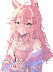 Rule 34 | 1girl, :3, ahoge, bare shoulders, black nails, blush, bow, breasts, cleavage, closed mouth, criss-cross halter, fingernails, hair between eyes, hair bow, hair ornament, halterneck, heart, heart hair ornament, highres, long hair, nail polish, pajamas, phase connect, pink eyes, pink hair, pink pajamas, pipkin pippa, pipkin pippa (1st costume), rabbit hair ornament, sharkyyuna, sharp fingernails, simple background, sketch, small breasts, smile, solo, upper body, v, virtual youtuber, wavy hair, white background