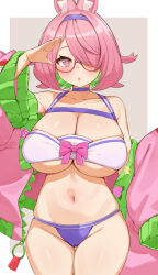 Rule 34 | 1girl, absurdres, animal ears, bare shoulders, bikini, breasts, character request, choco tanuki, choker, cleavage, commentary, copyright request, cowboy shot, glasses, groin, hairband, highres, jacket, large breasts, long sleeves, mismatched bikini, navel, off shoulder, open clothes, open jacket, pink eyes, pink hair, pink jacket, purple choker, purple hairband, red-framed eyewear, solo, standing, stomach, swimsuit, thighs