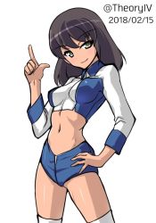 Rule 34 | 10s, 1girl, aegis (nerocc), blue jacket, blue shorts, breasts, brown hair, closed mouth, commentary, cowboy shot, crop top, dark-skinned female, dark skin, dated, girls und panzer, green eyes, hand on own hip, head tilt, hoshino (girls und panzer), jacket, looking at viewer, medium breasts, midriff, multicolored clothes, multicolored jacket, navel, one-hour drawing challenge, pointing, pointing up, race queen, short hair, short shorts, shorts, simple background, smirk, solo, standing, thighhighs, twitter username, two-tone jacket, white background, white thighhighs
