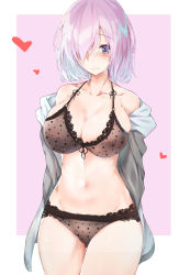 Rule 34 | 1girl, alternate costume, arms behind back, bad id, bad pixiv id, bare shoulders, black bra, black panties, blue hair, blush, bra, breasts, cleavage, collarbone, commentary request, cowboy shot, fate/grand order, fate (series), gluteal fold, gradient hair, grey jacket, hair over one eye, heart, highres, jacket, jjkl9195, large breasts, lingerie, mash kyrielight, multicolored hair, navel, off shoulder, open clothes, open jacket, panties, pink background, pink hair, polka dot, polka dot bra, polka dot panties, purple eyes, short hair, solo, stomach, thigh gap, thighs, underwear