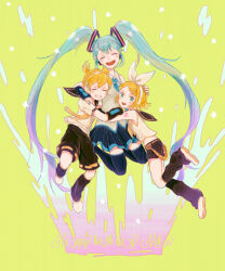 Rule 34 | 1boy, 2girls, black leg warmers, black shorts, black thighhighs, blonde hair, blue hair, blue nails, blue necktie, closed eyes, collared shirt, commentary request, facing viewer, green background, grey shirt, grin, hair ornament, hairclip, happy birthday, hatsune miku, headband, headset, jumping, kagamine len, kagamine rin, long hair, looking at viewer, memi (gamemix), multiple girls, necktie, number tattoo, open mouth, pleated skirt, shirt, short hair, short ponytail, short sleeves, shorts, skirt, smile, tattoo, thighhighs, very long hair, vocaloid, white footwear, white headband, white shirt, yellow necktie