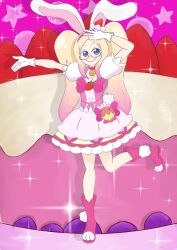 Rule 34 | absurdres, ankle boots, blonde hair, blue eyes, boots, cake, collar, cosplay, cure whip, cure whip (cosplay), eepyrabbit, food, glasses, gradient hair, highres, kirakira precure a la mode, layered skirt, magical girl, miniskirt, multicolored hair, nia jones, pentacle, precure, puffy sleeves, rabbit ears, rabbit tail, skirt, twintails