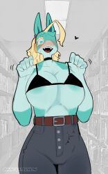 Rule 34 | 1girl, @ @, ahoge, belt, black choker, blonde hair, blue eyes, blush, boku no hero academia, breast drop, breasts, brown belt, choker, colored skin, commentary, cowboy shot, english commentary, fangs, flashing, furry, furry female, green skin, headphones, heart, high-waist pants, highres, huge ahoge, huge breasts, indoors, ippan josei, library, lifted by self, medium hair, multicolored skin, no shirt, nose blush, open mouth, pants, public indecency, sin castermon, solo, tall female, teeth, thick eyelashes, two-tone skin, undressing, upper teeth only, wireless