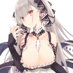 Rule 34 | 1girl, azur lane, between breasts, black dress, black nails, breasts, cleavage, dress, earrings, formidable (azur lane), frilled dress, frills, grey hair, hair ribbon, jewelry, large breasts, long hair, mitsumi misato, nail polish, platinum blonde hair, red eyes, ribbon, solo, twintails, two-tone dress, two-tone ribbon, upper body, very long hair