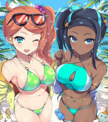 2girls, beach, belly chain, bikini, black hair, blue eyes, blue eyeshadow, blue hair, blue sky, blush, breasts, cleavage, cleavage cutout, clothing cutout, cloud, commentary request, cowboy shot, creatures (company), dark skin, dark skinned female, day, earrings, eyeshadow, eyewear on head, floral print, flower, from above, game freak, green bikini, green eyes, gym leader, hair bun, hair flower, hair ornament, halterneck, heart, heart hair ornament, hoop earrings, jacket, jewelry, kasai shin, large breasts, long hair, looking at viewer, makeup, multicolored hair, multiple girls, navel, nessa (pokemon), nintendo, o-ring, o-ring bikini, o-ring bottom, o-ring top, ocean, one eye closed, open mouth, orange hair, outdoors, palms, pokemon, pokemon (creature), pokemon (game), pokemon swsh, side ponytail, sky, smile, sonia (pokemon), sunglasses, swimsuit, two-tone bikini, two-tone hair, yellow jacket