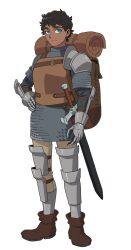 Rule 34 | 1boy, armor, backpack, bag, black hair, blue eyes, boots, breastplate, brown bag, brown footwear, brown pants, chainmail, curly hair, dark-skinned male, dark skin, dungeon meshi, full body, hand on own hip, highres, kabru, leather, leather armor, looking at viewer, official art, pants, pauldrons, short hair, shoulder armor, simple background, single pauldron, solo, sword, tachi-e, transparent background, weapon