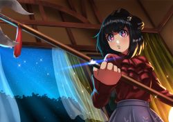 Rule 34 | 1girl, black hair, blue sky, blush, copyright request, grey skirt, highres, holding, holding weapon, long sleeves, medium hair, night, night sky, parted lips, purple eyes, red shirt, shirt, shirt tucked in, sinohira rin, skirt, sky, solo, star (sky), starry sky, upper body, weapon