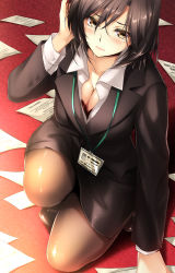 Rule 34 | 1girl, black hair, blush, bra, breasts, brown eyes, cleavage, closed mouth, collared shirt, eyebrows, formal, from above, hatori mia, highres, id card, kneeling, lace, lace-trimmed bra, lace trim, large breasts, looking at viewer, mole, mole under eye, name tag, office lady, original, pantyhose, paper, pencil skirt, red bra, shirt, short hair, skirt, skirt suit, solo, spill, squatting, suit, underwear