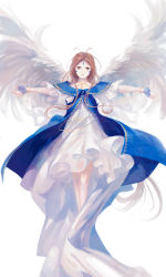 Rule 34 | 1girl, aa megami-sama, absurdres, antenna hair, belldandy, bracelet, brown eyes, brown hair, facial mark, forehead mark, highres, jewelry, jq, long hair, outstretched arms, solo, spread arms, wings