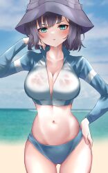 Rule 34 | 1girl, absurdres, aqua eyes, bikini, black hat, blue archive, blue bikini, blue jacket, blush, breasts, bucket hat, cropped jacket, grey hair, halo, hat, highres, jacket, large breasts, lds (dstwins97), long sleeves, looking at viewer, multicolored clothes, multicolored jacket, navel, official alternate costume, raglan sleeves, rash guard, saki (blue archive), saki (swimsuit) (blue archive), short hair, sidelocks, solo, stomach, swimsuit, thighs, two-tone jacket, wet, white jacket