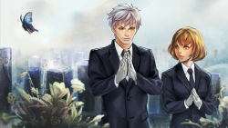 Rule 34 | 1boy, 1girl, brown eyes, brown hair, bug, butterfly, commentary request, formal, gloves, graveyard, insect, lips, nakama yasukata, necktie, nose, original, own hands clasped, own hands together, praying, reverse trap, short hair, silver hair, suit, white gloves