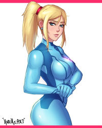 Rule 34 | 1girl, artist request, blonde hair, blue eyes, blush, bodysuit, breasts, highres, large breasts, long hair, looking at viewer, metroid, metroid dread, mole, mole under mouth, nintendo, ponytail, samus aran, simple background, skin tight, smile, solo, zero suit