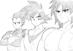 Rule 34 | 3boys, bara, blush, broly (dragon ball super), crossed arms, dragon ball, dragon ball super, dragon ball super broly, frown, greyscale, kkkkkirrier, large pectorals, looking at another, looking down, male focus, meme, monochrome, multiple boys, muscle envy, muscular, muscular male, nipples, pectoral cleavage, girl staring at guys chest (meme), pectoral focus, pectorals, short hair, son goku, spiked hair, thick eyebrows, topless male, upper body, vegeta