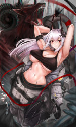 Rule 34 | 1girl, arknights, armband, armpits, arms up, bare arms, bare shoulders, black collar, blush, breasts, cleavage, collar, commentary, crop top, grey pants, hair between eyes, hammer, highres, horns, infection monitor (arknights), large breasts, long hair, looking at viewer, material growth, midriff, mudrock (arknights), mudrock (elite ii) (arknights), navel, oripathy lesion (arknights), pants, parted lips, red eyes, silver hair, smile, solo, sports bra, stomach, underboob, ytoy