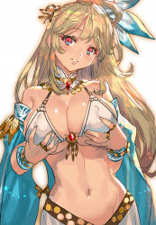 Rule 34 | 1girl, bare shoulders, bikini, bikini top only, blonde hair, braid, breasts, cape, cleavage, cowboy shot, dancer, detached collar, eyelashes, french braid, gem, groin, hair rings, halterneck, head tilt, jewelry, large breasts, lips, long hair, looking at viewer, navel, neck ring, necklace, original, outline, parted bangs, parted lips, ran&#039;ou (tamago no kimi), red eyes, red gemstone, simple background, smile, solo, standing, swimsuit, white background, white bikini