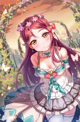 Rule 34 | 10s, 1girl, arch, arms behind back, blush, bow, breasts, brooch, bug, butterfly, choker, cleavage, dress, dutch angle, earrings, floral arch, flower, garden, hair bow, hair ornament, hairclip, head wreath, insect, jewelry, lace, lace-trimmed dress, lace choker, lace trim, long hair, looking at viewer, love live!, love live! school idol festival, love live! sunshine!!, medium breasts, miazi, overskirt, plant, red hair, sakurauchi riko, smile, solo, thighhighs, vines, yellow eyes