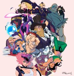 Rule 34 | 4boys, 6+girls, absurdres, akuma (street fighter), bald, beard, biker clothes, bikesuit, black bodysuit, blonde hair, blue eyes, blue lips, blue thighhighs, bodysuit, boots, breasts, cleavage, cody travers, commentary, crying, crying with eyes open, dark-skinned female, dark skin, elbow pads, english commentary, eyepatch, unworn eyepatch, facial hair, falke (street fighter), fingerless gloves, forehead jewel, g (street fighter), garrison cap, gloves, glowing, glowing eyes, green eyes, hair over one eye, han juri, hat, heaven (kanji), highres, holding, holding whip, kolin, large breasts, laughing, laura matsuda, long hair, lucia morgan, menat, military, military uniform, multiple boys, multiple girls, muscular, muscular male, no pupils, one-eyed, partially unbuttoned, peaked cap, pink hair, pinstripe pattern, pinstripe shirt, pinstripe vest, pointing, pointing at viewer, poison (final fight), police, police uniform, policewoman, purple bodysuit, purple hair, red hair, relusionh, sagat, shirt, short hair, sideburns, single fingerless glove, skin tight, street fighter, street fighter v, striped, tears, thigh boots, thighhighs, toned, top hat, uniform, upside-down, urien, vest, whip