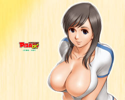 Rule 34 | 1girl, action pizazz, blue eyes, breasts, brown hair, cleavage, collarbone, copyright name, earrings, huge breasts, jewelry, lips, long hair, official art, official wallpaper, parted lips, saigado, short sleeves, solo, upper body, yellow background