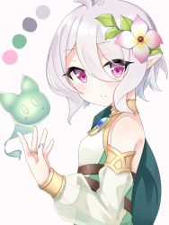 Rule 34 | 1girl, antenna hair, bare shoulders, blush, breasts, brown background, closed mouth, dress, flower, green dress, grey hair, hair between eyes, hair flower, hair ornament, hand up, highres, jewelry, kokkoro (princess connect!), long sleeves, looking at viewer, looking to the side, pink flower, pointy ears, princess connect!, puffy long sleeves, puffy sleeves, purple eyes, rateratte, ring, see-through, see-through sleeves, simple background, sleeveless, sleeveless dress, small breasts, smile, solo, split mouth, upper body