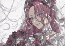 Rule 34 | 1boy, aqua eyes, blurry, bouquet, bridal veil, chain, crossdressing, depth of field, dress, eyes visible through hair, flower, hair flower, hair ornament, hanayura kanon, highres, indie virtual youtuber, jewelry, long hair, looking at viewer, male focus, matsurika youko, necklace, pearl necklace, pendant, pink flower, pink hair, pink rose, portrait, rose, signature, solo, torn clothes, torn veil, trap, veil, virtual youtuber, wavy hair, white background, white dress, white flower, white rose