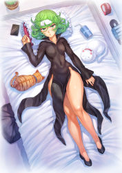 Rule 34 | 1girl, absurdres, bed, bed sheet, black dress, blush, breasts, cat, cellphone, collarbone, curly hair, curvy, dress, female focus, full body, green eyes, green hair, high heels, highres, indoors, legs, long sleeves, lying, medium breasts, medium hair, mogudan, on bed, one-punch man, pelvic curtain, phone, pillow, shiny skin, solo, tatsumaki, thick thighs, thighs