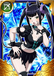 Rule 34 | 1girl, black hair, black skirt, black thighhighs, breasts, card (medium), cleavage, cosplay, covering own mouth, demon girl, demon horns, demon tail, dess, female focus, hair ornament, hairband, hand on own hip, hand over own mouth, horns, ikkitousen, long hair, looking at viewer, midriff, navel, official art, pleated skirt, saji genpou (true), shiny skin, skirt, small breasts, solo, tail, thighhighs, torn clothes, torn skirt, torn thighhighs, twintails, yellow eyes