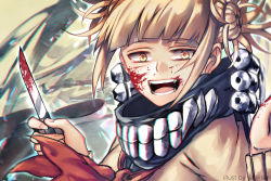 Rule 34 | 1girl, artist name, bandana, black bandana, blonde hair, blood, blood on face, blood on hands, blood splatter, bloody knife, blunt bangs, boku no hero academia, canister, cardigan, close-up, commentary, double bun, hair bun, hair up, holding, holding knife, holding weapon, knife, looking at viewer, messy hair, mixed-language commentary, neckerchief, neekochanii, open mouth, red neckerchief, school uniform, serafuku, slit pupils, smile, solo, teeth, toga himiko, weapon, yellow background, yellow cardigan, yellow eyes