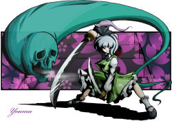 Rule 34 | 1girl, blue eyes, canary4, canary (artist), dual wielding, female focus, ghost, hairband, holding, katana, konpaku youmu, konpaku youmu (ghost), short hair, silver hair, skull, solo, sword, tanto, touhou, weapon