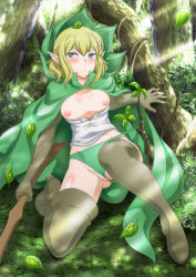 Rule 34 | 1girl, blonde hair, blue eyes, blush, boots, breasts, breasts out, brown footwear, brown gloves, brown thighhighs, cameltoe, cape, capelet, dungeon ni deai wo motomeru no wa machigatteiru darou ka, elbow gloves, full body, gloves, green cape, green panties, highres, holding, hood, hood up, hooded cape, kaname aomame, looking at viewer, medium breasts, nipples, panties, pointy ears, ryu lion, shirt, short hair, sleeveless, solo, thigh boots, thighhighs, underwear, wedgie, white shirt