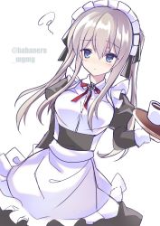 Rule 34 | 1girl, alternate costume, apron, black dress, blonde hair, commentary request, cowboy shot, cross, cup, dress, enmaided, fathom, graf zeppelin (kancolle), grey eyes, hair between eyes, highres, iron cross, kantai collection, maid, one-hour drawing challenge, shirt, sidelocks, simple background, solo, tray, tsurime, twintails, twitter username, white apron, white background, white shirt