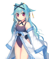Rule 34 | 1girl, bare shoulders, blue hair, blush, detached sleeves, hair intakes, hair ornament, kashiwamochi yomogi, long hair, looking at viewer, mogami yoshiaki (sengoku collection), one-piece swimsuit, red eyes, school swimsuit, sengoku collection, simple background, solo, swimsuit, very long hair, white background