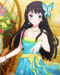 Rule 34 | 10s, 1girl, artist request, black hair, blue eyes, blush, bracelet, butterfly, butterfly hair ornament, earrings, flower, formal, hair ornament, heart, idolmaster, idolmaster million live!, jewelry, long hair, looking at viewer, mogami shizuka, necklace, official art, smile, solo, stairs