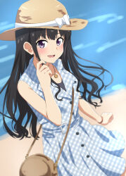 Rule 34 | 1girl, :d, bag, black hair, blue dress, blush, bow, brown hat, casual, collarbone, commentary request, dars (recolors), dress, handbag, hat, hat bow, highres, inoue takina, long hair, lycoris recoil, open mouth, plaid, plaid dress, purple eyes, sleeveless, sleeveless dress, smile, solo, sun hat, white bow