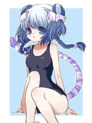 Rule 34 | 1girl, blue eyes, blue hair, blush, braid, breasts, cat hair ornament, cleavage, double bun, hair ornament, haku (p&amp;d), long hair, matching hair/eyes, multicolored hair, one-piece swimsuit, parted lips, puzzle &amp; dragons, silver hair, solo, swimsuit, tail, takoyaki kenken, tiger tail, twin braids, two-tone hair