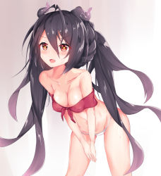 Rule 34 | 1girl, azur lane, bent over, black hair, blush, breasts, cleavage, collarbone, commentary request, hair between eyes, highres, horns, i-168 (azur lane), long hair, looking at viewer, medium breasts, nagato-chan, navel, open mouth, panties, red eyes, simple background, solo, sweat, swimsuit, underwear