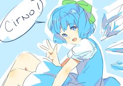 Rule 34 | 1girl, blue eyes, blue hair, bow, character name, cirno, dress, from side, hair bow, ice, ice wings, matching hair/eyes, open mouth, shorts, solo, speech bubble, touhou, v, weee (raemz), wings