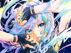 Rule 34 | 1girl, absurdres, aqua hair, aqua nails, arms up, blue background, blue eyes, blue gloves, bracelet, close-up, commentary, english commentary, eyelashes, fingerless gloves, floating hair, gloves, highres, hikimayu, jewelry, light purple hair, long hair, looking at viewer, mixed-language commentary, multicolored hair, nail polish, open mouth, original, painting (medium), sleeveless, solo, spiked bracelet, spikes, teeth, traditional media, watercolor (medium), wind, yuyuharu 1027, zipper, zipper pull tab