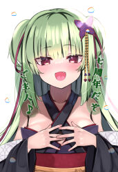 Rule 34 | 1girl, :d, atsutoku, bare shoulders, black kimono, blunt bangs, blunt ends, blush, breasts, butterfly hair ornament, collarbone, commentary, criss-cross halter, eyelashes, fang, fingernails, green hair, hair between eyes, hair ornament, hair ribbon, halterneck, happy, heart, highres, hime cut, japanese clothes, kimono, long sleeves, looking at viewer, murasame (senren), musical note, open mouth, own hands together, red eyes, red ribbon, ribbon, senren banka, sidelocks, simple background, small breasts, smile, solo, speech bubble, straight-on, straight hair, translated, two side up, upper body, white background, wide sleeves