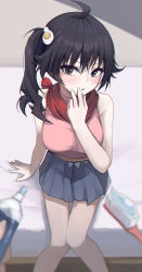 Rule 34 | 1girl, absurdres, ahoge, araragi karen, bare shoulders, bed, black eyes, black hair, blurry, blurry foreground, bow, breasts, commentary, dot nose, egg hair ornament, food-themed hair ornament, hair between eyes, hair ornament, hand up, highres, huhi (huhi 1211), medium breasts, miniskirt, monogatari (series), on bed, parted lips, pink shirt, pleated skirt, pov, shirt, side ponytail, sitting, skirt, solo focus, thigh gap, toothbrush, toothpaste