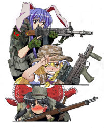 Rule 34 | 3girls, ammunition pouch, animal ears, arisaka, assault rifle, battle rifle, black eyes, black hair, blonde hair, blush, bolt action, boonie hat, bow, braid, bullet hole, bullpup, camouflage, camouflage headwear, carbine, commentary request, gloves, gun, hair bow, hair tubes, hakurei reimu, hat, holding, holding weapon, howa type 64, kirisame marisa, l85, looking at viewer, machine gun, magazine (weapon), military, multiple girls, nakamura 3sou, one eye closed, pouch, purple eyes, rabbit ears, red eyes, reisen udongein inaba, rifle, sa80, short sleeves, simple background, single braid, smile, squad automatic weapon, touhou, trigger discipline, arisaka, v, v-shaped eyebrows, weapon, white background, yellow eyes