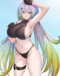 Rule 34 | 1girl, arm up, armpits, asamura hiori, bare shoulders, bikini, black bikini, black gloves, blush, breasts, collarbone, cupitan (granblue fantasy), cupitan (summer) (granblue fantasy), gloves, gradient hair, granblue fantasy, green eyes, green hair, grey hair, highres, huge breasts, long hair, looking at viewer, low twintails, multicolored hair, navel, official alternate costume, sideboob, smile, solo, swimsuit, thigh strap, thighs, twintails, very long hair
