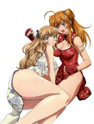 Rule 34 | 00s, absurdres, ahoge, alternate costume, antenna hair, blonde hair, blue eyes, breasts, china dress, chinese clothes, cleavage, cleavage cutout, clothing cutout, dress, fang, fingerless gloves, gloves, green eyes, half updo, highres, ikkitousen, ikkitousen great guardians, large breasts, long hair, multiple girls, official art, open mouth, orange hair, rin-sin, shiny clothes, simple background, smile, sonken chuubou, sonsaku hakufu, wavy hair, white background